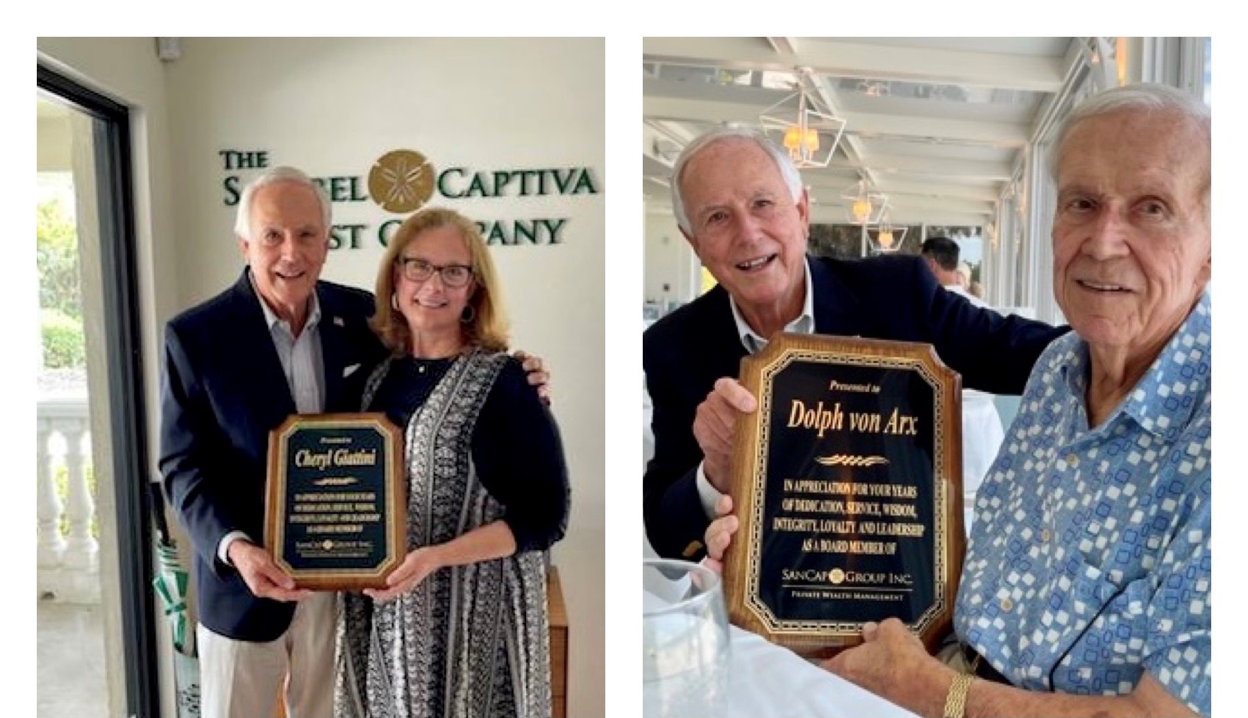 S. Albert D. Hanser, Founder and Chairman of The Sanibel Captiva Trust Company with Cheryl Giattini of Sanibel and Dolph von Arx of Naples