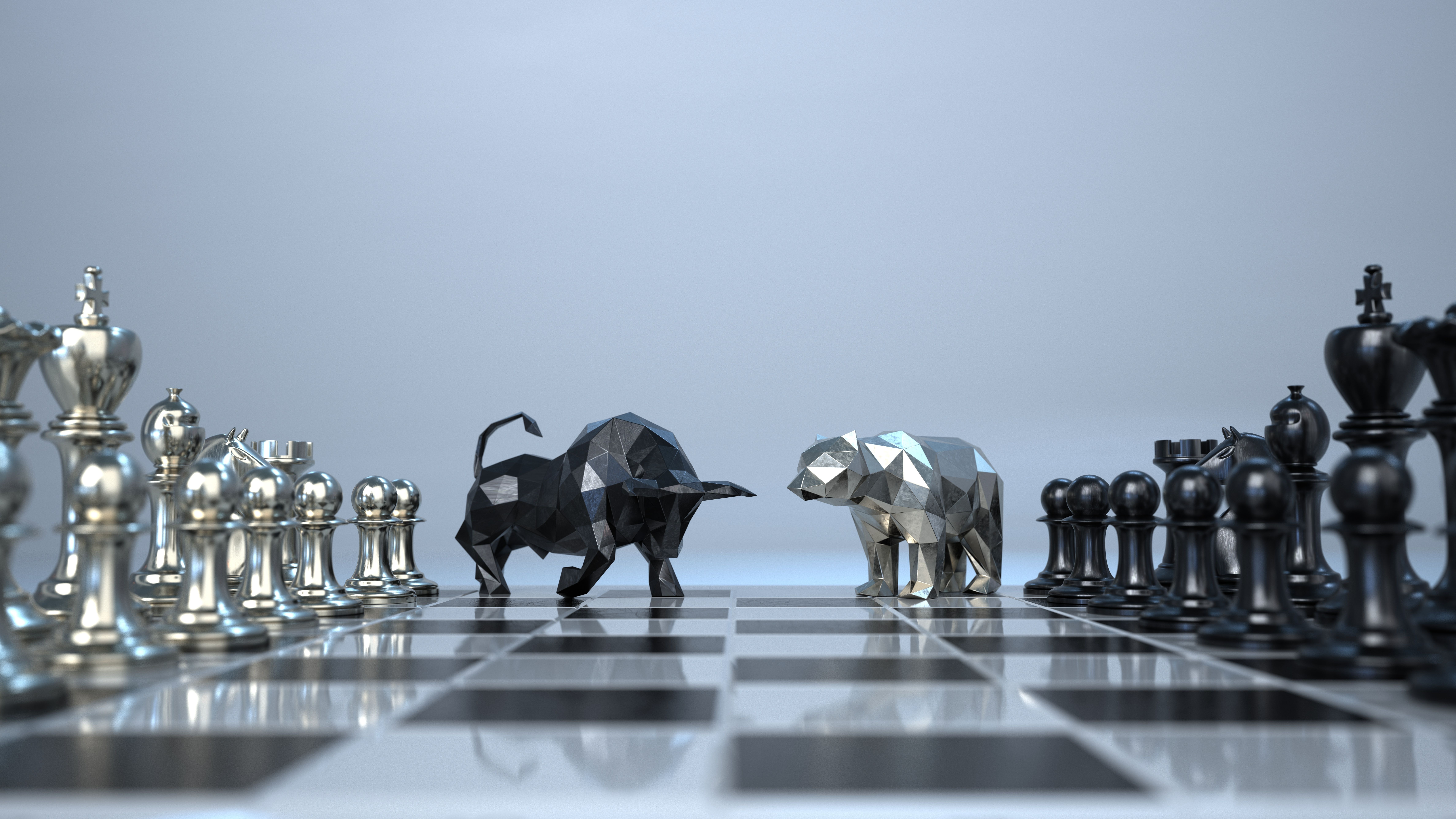 A symbolic image of bull and bear figures facing off on a chessboard, representing market strategy, investment risk, and financial planning amid stock market volatility and corrections.